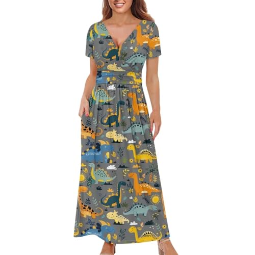 Image of Women's Fall Summer Short Sleeve Ankle Length V-Neck Party Dress with Pockets Size S-3XL