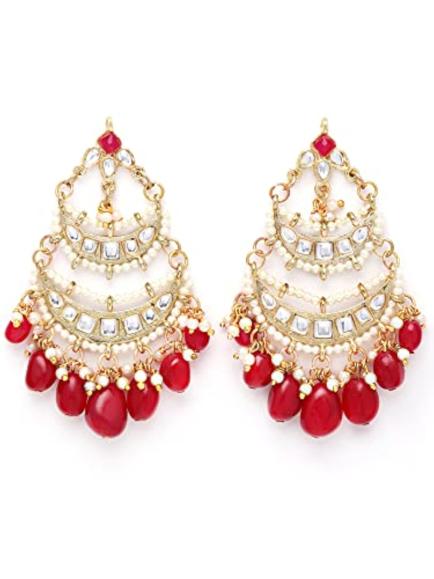 Gold Plated Red Tumble Kundan Chandbali Earrings for Women