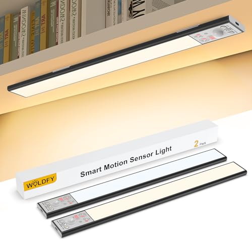 WOLDFY 3 Color Tempers Dimmable Under Cabinet Lights Wireless[2 Pack], Rechargeable LED Motion Sensor Lighting Indoor, Magnetic Closet Lights (Black-with Indicator-2500mAh)