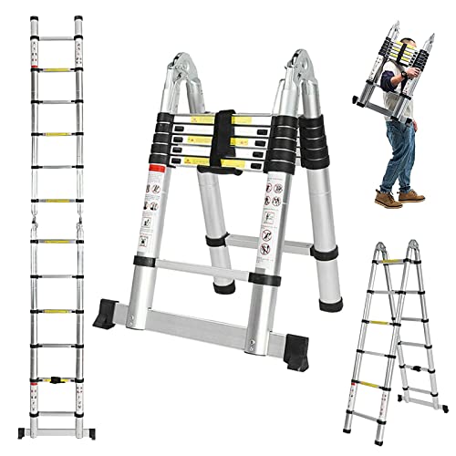 Aluminum Telescoping Ladder 12.5ft/6.2+6.2ft A Frame Folding Straight Portable Extension Heavy Duty Compact With Support Bar 330lb Load Capacity EN131 Safe Standard
