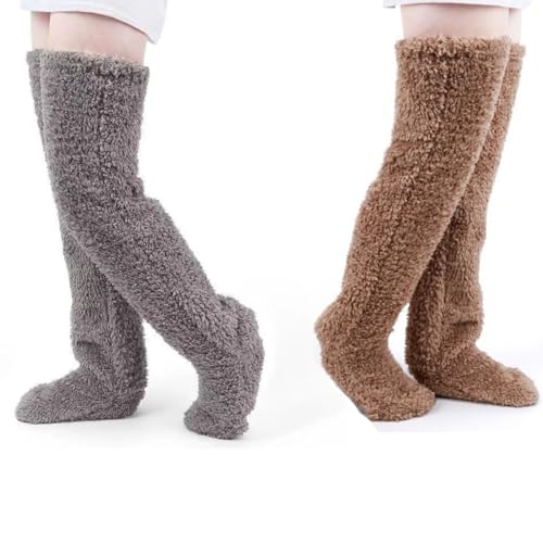 UMMEI Femmes Chaussettes Moelleuses Pantoufles Lot De 2, Jambes Chaudes Griffes Cuisse Haute Chaussettes, Laine Peep Toe Bas, Chaussettes en Peluche Mignon Hiver Home Favor Pieds Nus,Gray+Brown