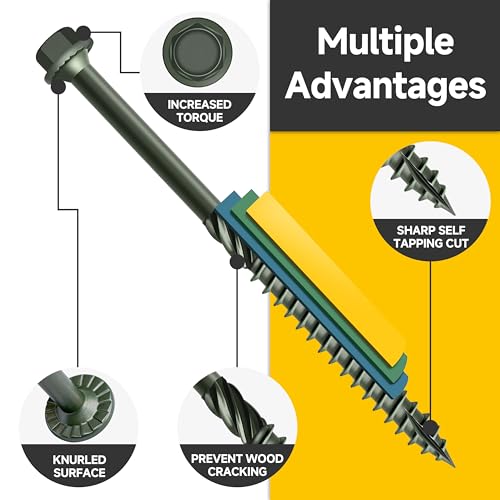 Mywish 20 Pack tornillos de exterior #14 x 10 pulgadas, tornillo estructural con arandela hexagonal serrada, resistente a óxido, recubrimiento verde epoxy miniatura 3
