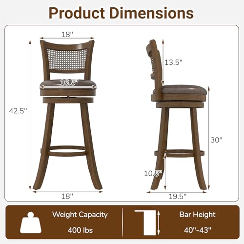 COSTWAY Butaco giratorio de altura para barra de 30", juego de 2, taburetes de madera de caucho con respaldo de ratán sintético, reposapiés y asiento acolchado en leathaire sin reposabrazos para isla de cocina, pub o comedor, color marrón miniatura 3