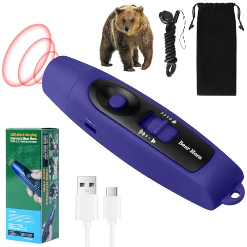 120±5 dB Rechargeable Bear Horn, Electronic Air Horn for Bears with 4 Volume Levels & 3 Tones, Whistle Bear Bells LED Safety Light for Hiking Camping Emergency, Wildlife Defense (Blue)
