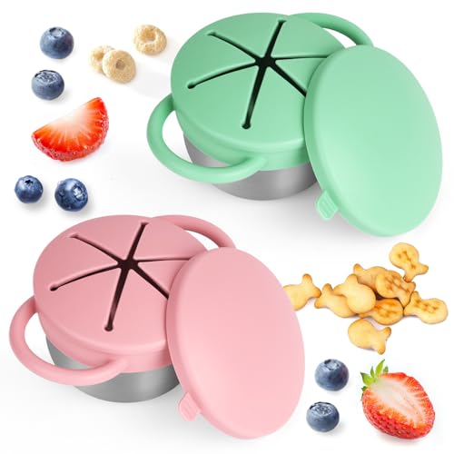 Image of 2 Pack Snack Cups for Toddlers Spill Proof - Detachable Stainless Steel Toddler Snack Cups with Silicone Lids & Handles - Dishwasher Safe Baby Snack Containers for Mess-Free Snacking (Green and Pink)