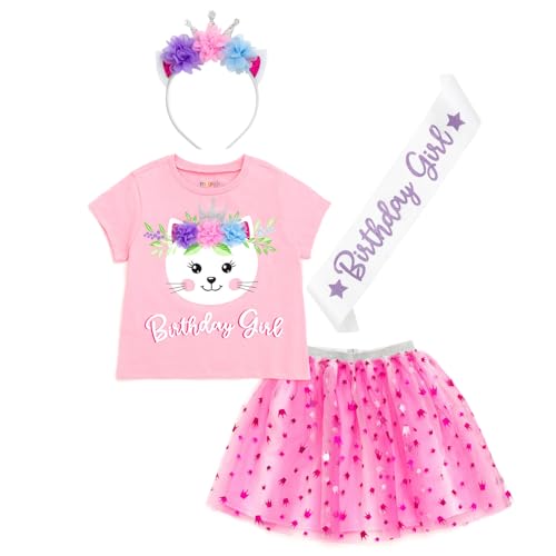 Image of imagikids Birthday Girl Outfit - T-Shirt, Tulle Tutu Skirt, Headband & Satin Sash Set Toddler to Big Kid Sizes (2T - 10-12)