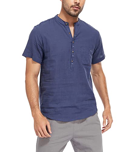 WAZZAP Camisas para Hombre Manga Corta de Algodón y Lino Verano Henley Camisas Casual Hippie Playa Camisa