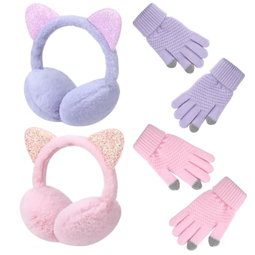Halinuia - Halinuia 2 Paires de Cache-Oreilles pour Filles 2 Paires de Gants pour Filles, Cache Oreille Enfant Peluche Douce avec Paillettes, Ensemble Chaud Hiver, Accessoire Mode pour Fille 7-12