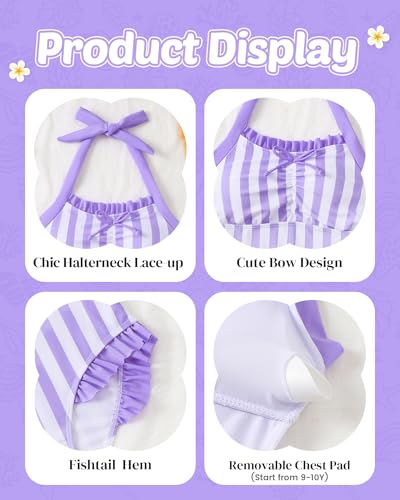 Image of Mioglrie Kids Girls Swimsuit One Piece Bathing Suits Girls' Swimwear 7-14Y | Halter Neck Swimsuits,Striped Design,Ruffle Design,Built‑in Chest Pads,1 Piece Swimwear for Beach,Summer Party