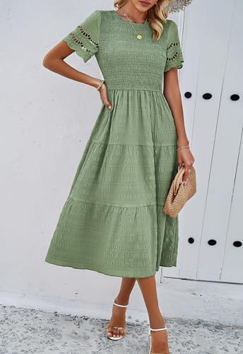 Image of Sumleno 2026 Women's Summer Midi Dresses Short Sleeve Smocked Tiered Dress Vacation Beach Wedding Guest Elegant Boho Sundress