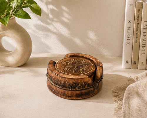Image of Premium Round Wooden Coasters Set of 6 with Holder | Mango Wood Tea & Coffee Coaster Set for Table Protection & Home Decor | Cup Coaster Set for Dining Table