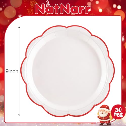 Image of NatNarr 30 Pcs Red and White Paper Plates, 9 Inch White Plates with Red Trim Scalloped Galentines Paper Plate Disposable for Valentines, Baby Shower, Wedding, Bridal Shower (Pack of 2)