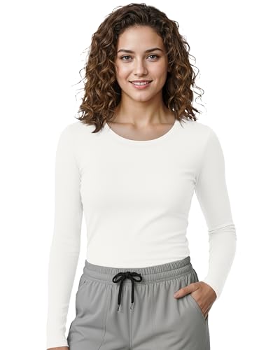 NY Threads Womens Under Scrub Slim Fit Long Sleeve T-Shirt Underscrub Comfort Tee, Large, White