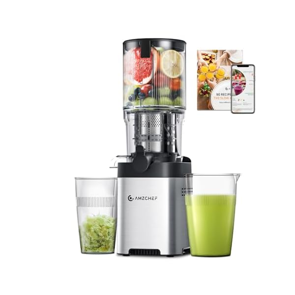 AMZCHEF Cold Press Juicer, Juicer Machines – 5.2″ Large Feed Chute for Whole Fruits & Vegetables, Stainless Steel Slow Masticating Juicer Easy to Clean, Large Auger, Double Strainers, Silver