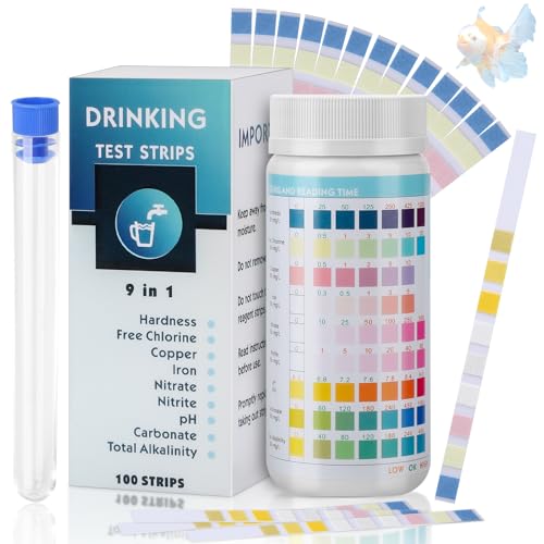 Aquarium Teststreifen 9 in 1, Trinkwasser Teststreifen 100 Streifen, Wasserteststreifen, Aquarium Wassertest zum Testen von PH, Wasserhärte, Chlor, Blei, Nitrat, Fluorid, Trinkwasser, Pool, Fischteich