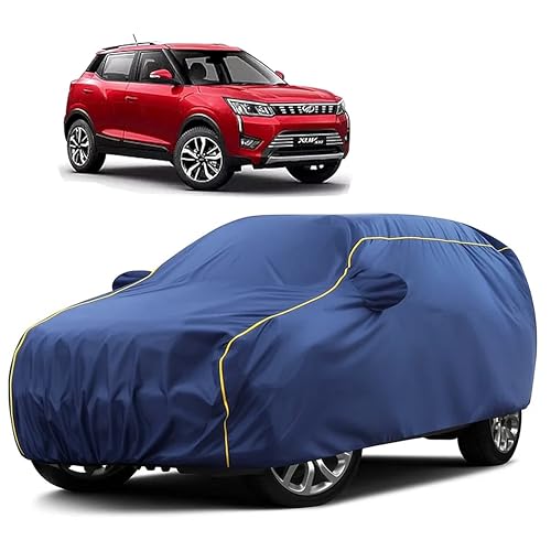 Image of Sulfar 100% Water Resistant Car Body Cover Compatible with Mirror for Mahindra XUV 300 (Triple Stitched, Full Bottom Elastic, Blue Taffeta with Yellow Piping)