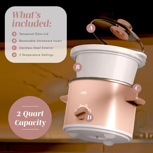 Image of COOK WITH COLOR 2QT Mini Electric Round Slow Cooker - Adjustable Settings, Removable Stoneware Pot, Tempered Glass Lid, Dishwasher Safe, Cool-Touch Side Handles, Dusty Rose