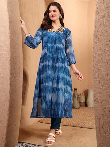 Image of EthnicJunction Women Georgette Relaxed Fit Tie & Dye & Embroidered A-Line Flared Kurta,Summer Kurta,Kurta For Office,Long Kurti