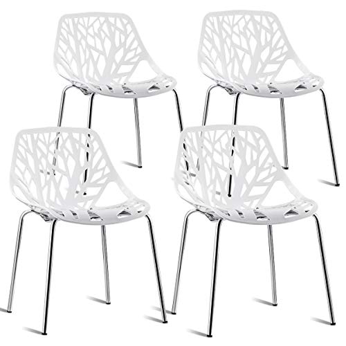 Giantex Set of 4 Modern Dining Chairs w/Plastic Feet Pads Stackable Chair Geometric Style Furniture Dining Side Chairs (4 Packs, White)