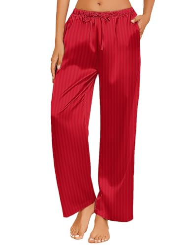 Image of Ekouaer Women Silky Satin Pajama Lounge Pants Sleep Pj Bottoms with Pockets
