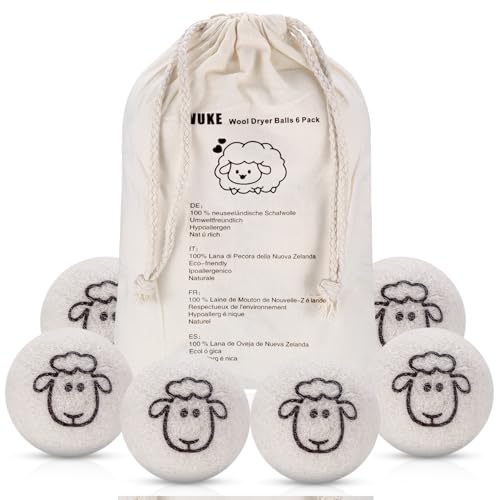 6 Pcs Wool Tumble Dryer Balls for Laundry UK, Wool Dryer Balls for Laundry Fabric Softener & Save Energy & Reduce Wrinkles, New Zealand Sheep Wool Drying Balls for Tumble Dryer, with Storage Bag