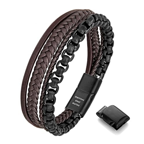 Image of murtoo Mens Bracelet leather and Steel, Stainless Steel Chain and Leather Bracelets for Men