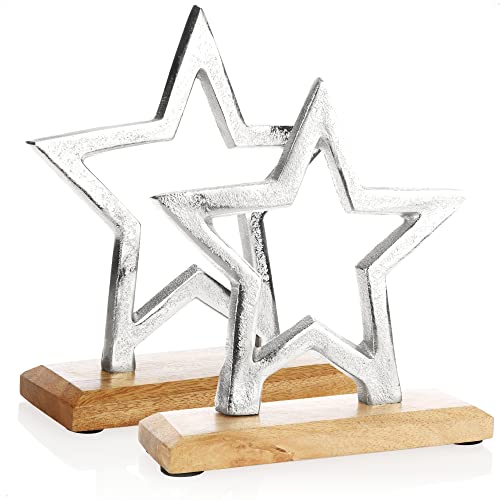 com-four® 2X Premium Deko-Aufsteller Stern - Stern-Statue aus vernickeltem Aluminium auf Sockel aus Mangoholz - Deko-Stern zum Hinstellen - tolle Sterndeko (silberfarben - Sterne-Mix)