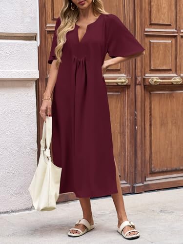 Image of Wenrine Womens Casual Maxi Dress Short Sleeve Loose Flowy Summer Dresses | flutter sleeve, v neck, loose fit, slit, long summer dress, beach, vacation