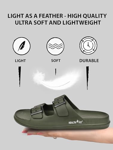 Image of HEALTH FIT Extra Soft Premium Classic Cushion Sliders /Slippers with Adjustable Buckle Strap & Light Weight Anti-SkidWaterproof Flip Flops for Men's HF150