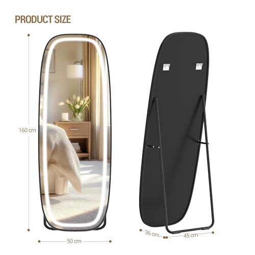 Hzuaneri Espejo de Cuerpo Entero con Luz LED, 160 x 50 cm, Espejo de Pie Curvo, Espejos de pie con Soporte, 3 Colores de luz, Brillo Ajustable, Ideal para Dormitorio o Salon, Negro DM41801B - imagen 6