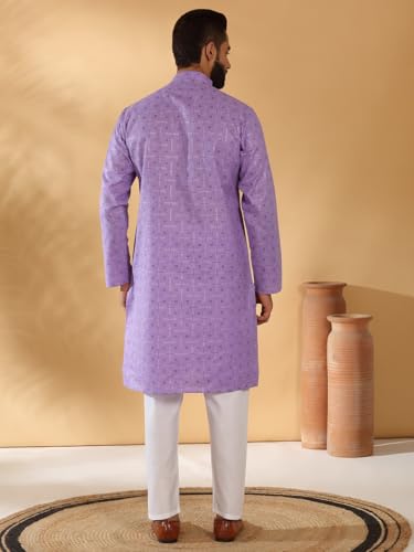 Image of KRAFT INDIA Men's Cotton Blend Geometric Printed Straight Long Regular Kurta and Elastic Waistband Pyjama Set