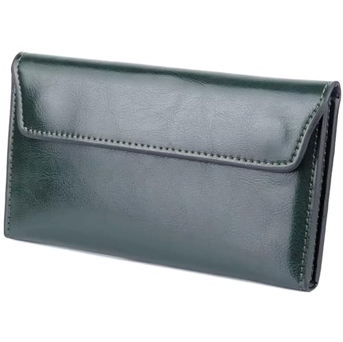 Women's Genuine Real Leather Slim Envelope Wallet with Detached Card Holder, Magnetic Closure, Phone Holder Clutch (Green)