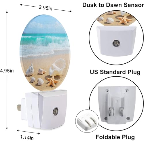 Image of Seashell Nightlight Summer Beach Coral Starfish Blue Ocean Sea Waves Night Lights Plug into Wall Dusk to Dawn Sensor Round Night Light for Adults Boys Girls, 0.5W Energy Efficient