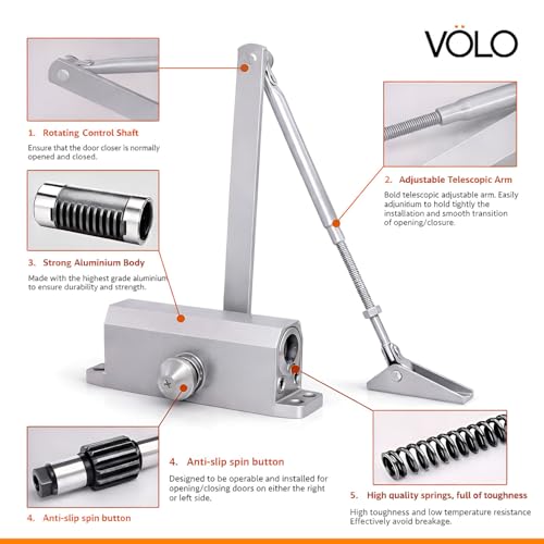 Image of VOLO Automatic Hydraulic Door Closer - Premium Heavy Duty Aluminium Body, Double Speed Adjustable, 45-50kg Load Capacity, for Home, Office & Commercial Doors (Silver, No Oil Leakage)