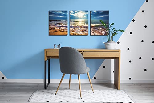 Blue Theme Beach Sunrise Ocean Waves Coastal Nature Pictures Hd Canvas Prints Wall Art 3 Pieces Stretched Canvas Wooden Framed For Living Room Wall Decor Bedroom And Office Decorations 12"X16"X3 #TOP4