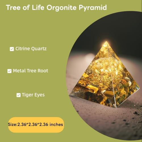 Tree of Life Orgone Pyramid Citrine with Tiger Eyes Positive Energy Healing Crystals Pyramid for Reduce Stress Chakra, Reiki, medytacja, attracts Lucky and Success