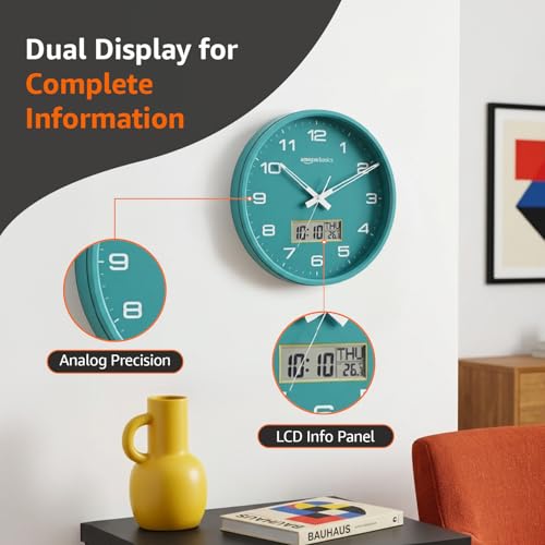 Image of Amazon Basics 12.5 Inch Analog Digital Wall Clock with LCD Display | Calendar Day Date Temperature | Silent Non-Ticking Sweep Movement | Large Dial Visibility | Dual Battery Powered (Sea Green)