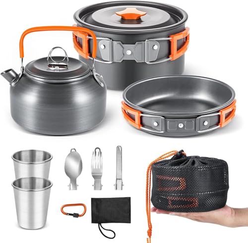 ARATERVIO 8-teiliges Camping Kochset aus Aluminium, Campinggeschirr Set mit Topf, Pfanne & Teekanne, Leichtes Outdoor Kochgeschirr für 2-3 Personen, Platzsparend & Tragbar