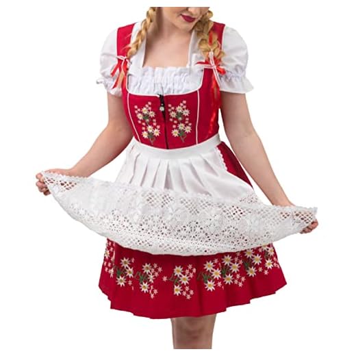 Dirndl Trachten Haus Womens Short Red Bavarian Dress | 3 Piece Set with Traditional Dirndl Oktoberfest Costumes for Women 24 54 XX-Large