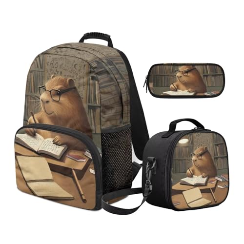 Capybara Books Kids Backpack for School, Lightweight Elementary School Bookbags with Lunch Box and Pencil Case, 3 Pcs School Bag Set Travel Backpacks Rucksack2
