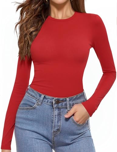 Aottori T-Shirt Femme Manches Longues Col Rond Hauts Élégant Moulante sous Pull Slim Fit Extensible Top Basic Chic Décontracté Respirant Rouge M
