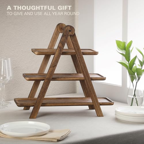 Image of Gibson Home Truss Peak 3 Tier Serving Tray for Party, 18 inch Acacia Wood Cupcake /Charcuterie /Dessert Farmhouse Tiered Platters with Collapsible Wood Rack