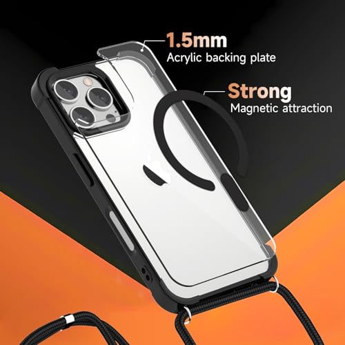 Coque iPhone 16 Pro aimantée MagSafe cordon noir ajustable et coque transparente