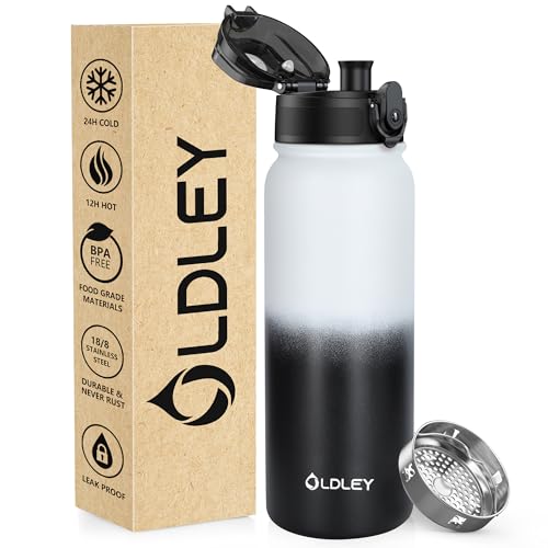 OLDLEY 600ml/20oz Stainless Steel Water Bottle Double Walled Vacuum Flask Keeps Drink Hot and Cold Leakproof BPA Free 600ML Metal Insulated Water Bottle for Sport School Work Hiking (White Black)