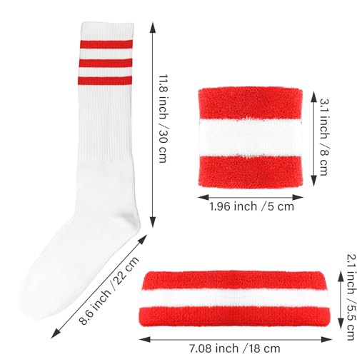 Image of 10 Pieces Striped Sweatbands and Striped Socks Set Headbands Wrist Sweat Bands for Men and Women Sports 80s 90s Fitness