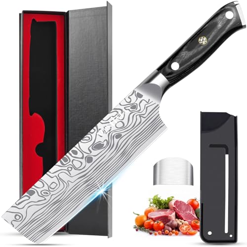 Comparison: Best Nakiri Chef Knife 4 MOSFiATA 7” Nakiri Chef's Knife with Finger Guard, German High Carbon Stainless Steel EN1.4116 Vegetable Knife, Multipurpose Kitchen Knife with Micarta Handle in Gift Box