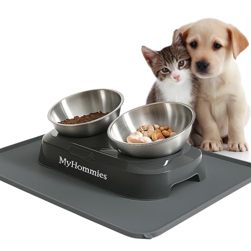 MyHommies Gamelle pour Chat Surélevée avec 2 Bols en Acier Inoxydable, Inclinaison 15°, Double Gamelle pour Chats et Petits Chiens, Tapis en Silicone...