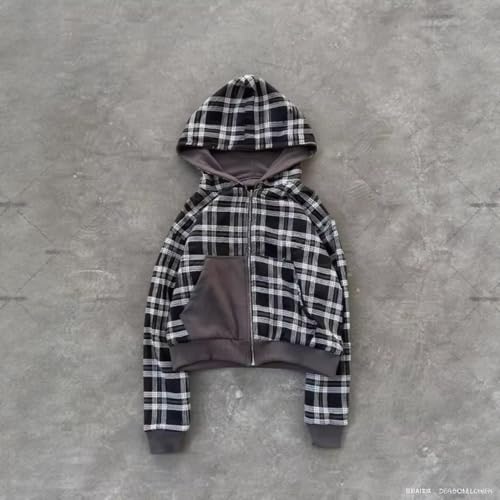 Men's retro checkered printed full zip cardigan, reversible hoodie, casual hip-hop style streetwear with pockets2