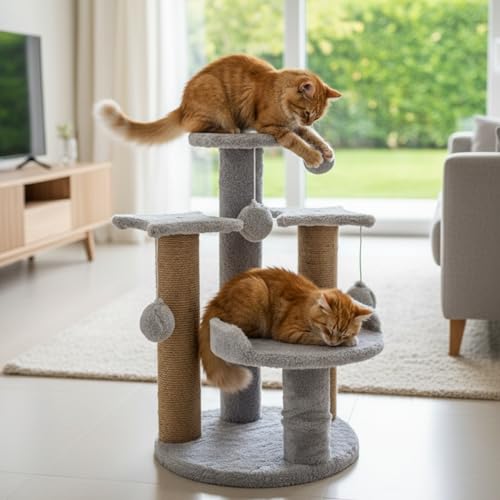 Image of Multi-Level Play Cat Tree, Grey and Natural Sisal, 17 Inch Height with Plush Platforms, Scratching Posts, Hanging Balls, Indoor Activity Tower FURR-18-GR (Grey)