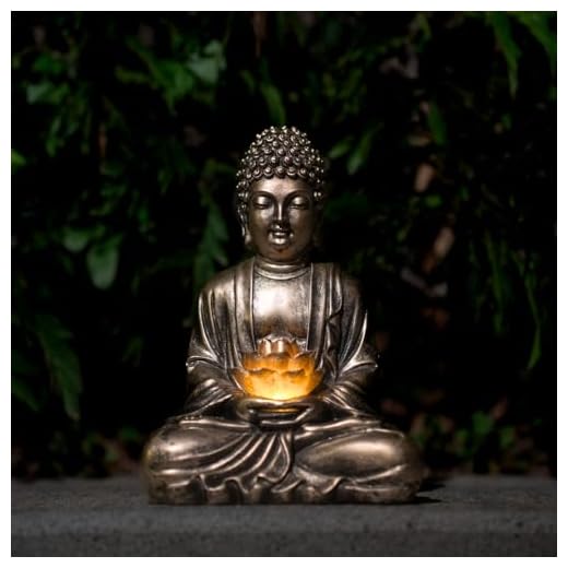 Quterhero Buddha Lotus Statue with Solar Lights, Resin LED Figurine for Garden Decor – Unique Gift for Women and Friends(Copper Buddha)